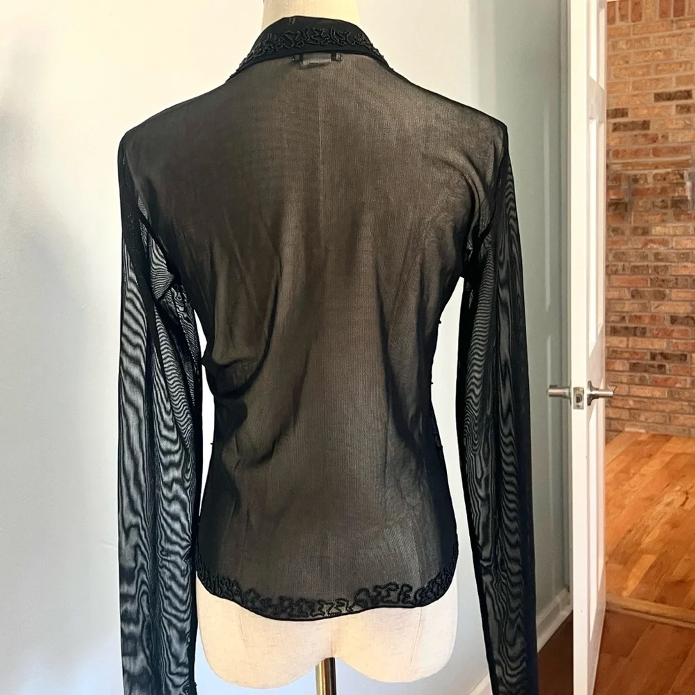 VTG Caché,Sheer Beaded Mesh Blouse 90s Y2K Evening Goth Glam Stretch Top Size L - Picture 2 of 12
